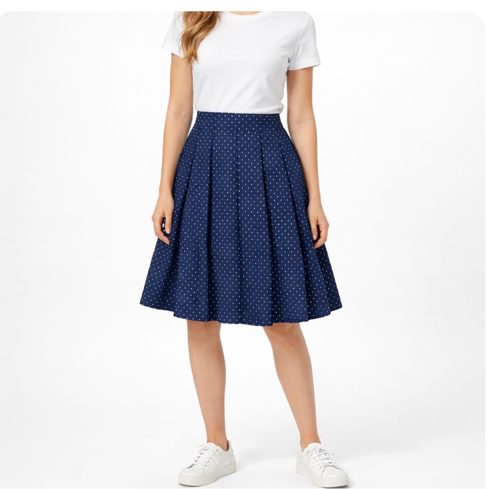 J. Crew Navy Polka Dot Pleated Midi Skirt Preppy A-Line Classic Style Size 8 - Picture 2 of 5